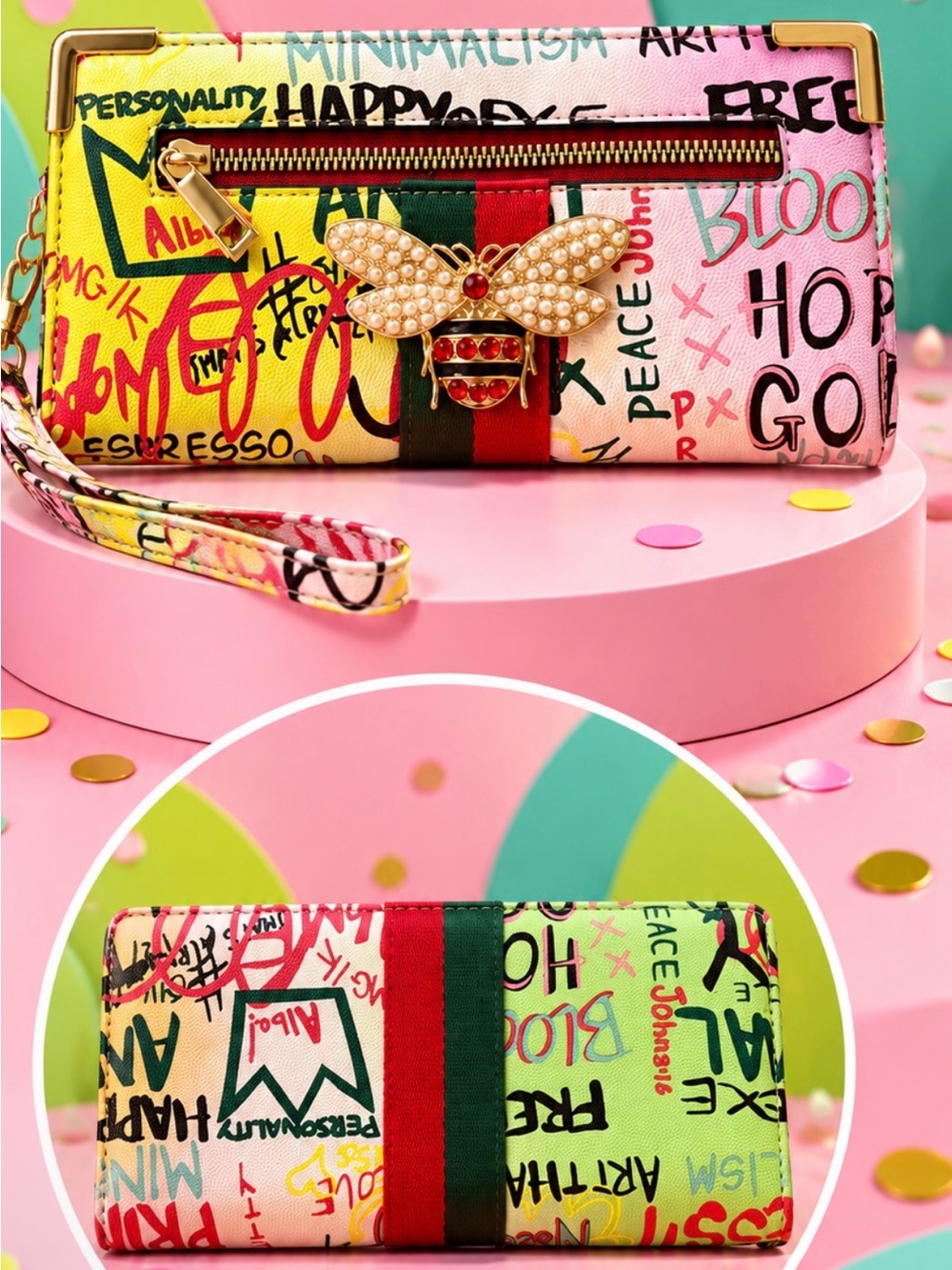 Women's Colorblock Graffiti Bee Wristlet Wallet - Pink, Yellow & Green